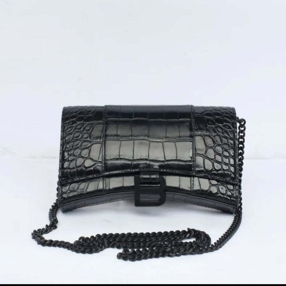 Authentic BALENCIAGA Crocodile Black Leather Hourglass Wallet on Chain